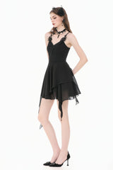Black V Collar Lace Embroidered Asymmetric Women's Gothic Slip Dress - Product - 10