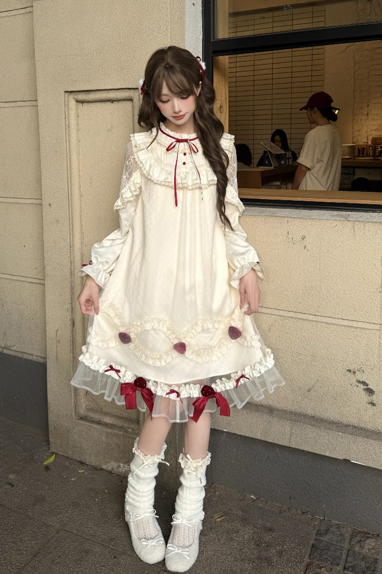 アイボリー [Strawberry Cream Cake] スタンドカラー 長袖 フリル リボン レース スウィートロリータワンピース 商品画像