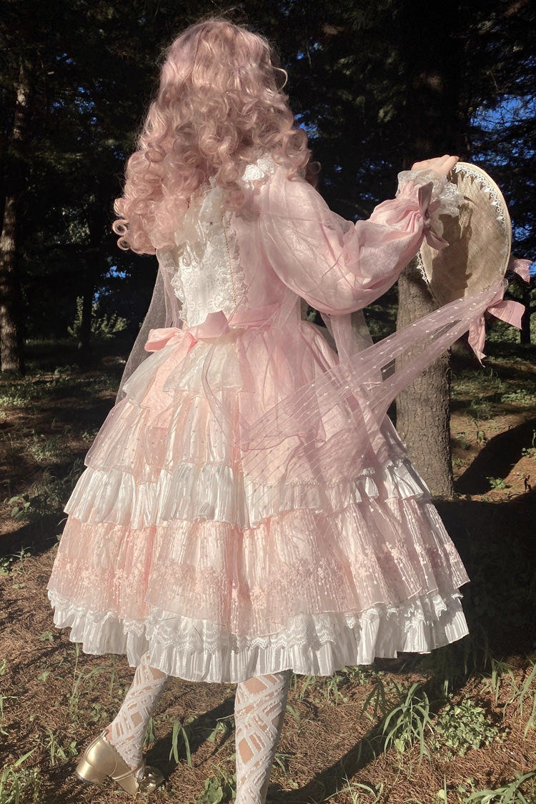 Pink Hanayome Long Sleeves Bowknot Multi-Layer Ruffled Sweet Lolita OP Tiered Dress - Product - 9