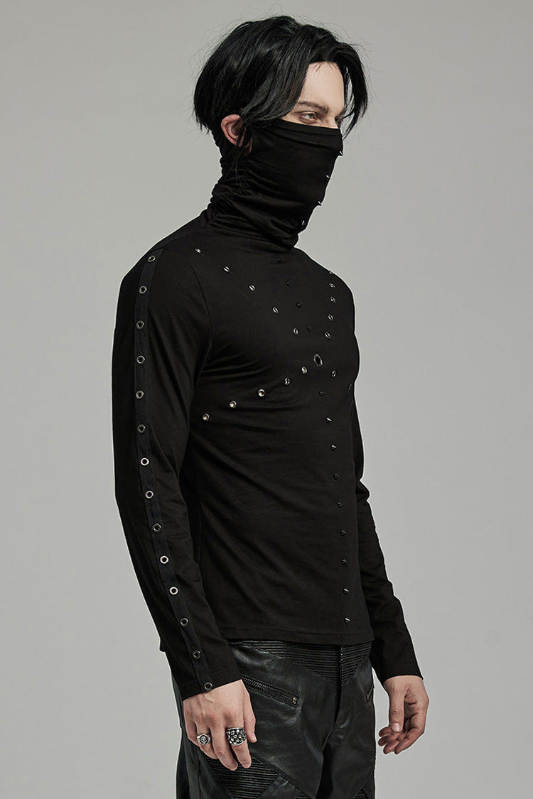 Black Long Sleeves Rivet Mesh Men's Punk Blouse with Undetachable Mask - Product - 2