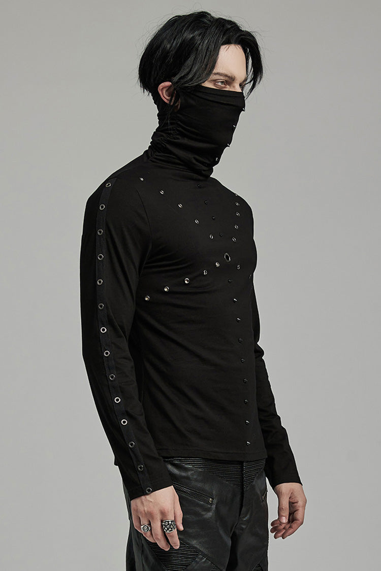 Black Long Sleeves Rivet Mesh Men's Punk Blouse with Undetachable Mask - Product - 2