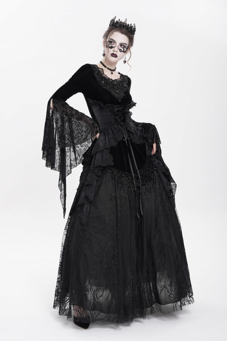 Black Long Sleeves Lace-Up Beaded Pleated Women's Gothic Blouse - Product - 10