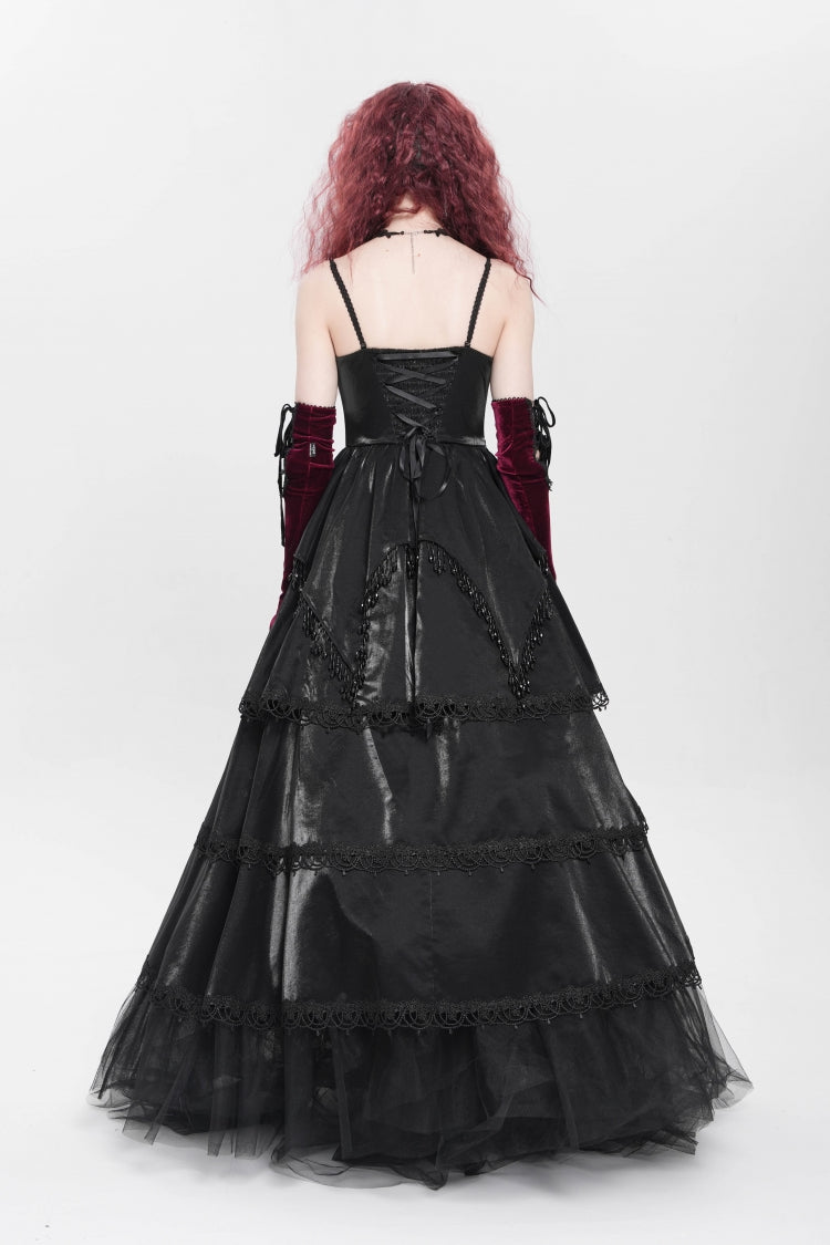 Black Sleeveless Multi-Layered Embroidery Pearl Women's Gothic Slip Dress - Product - 3