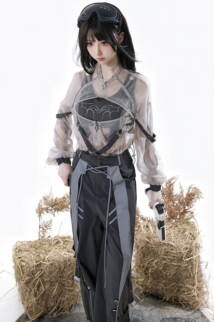 Black [Infinite Battlefield] Long Sleeves Printed Techwear Style Gothic Handsome Ouji Lolita Set - Product - 4