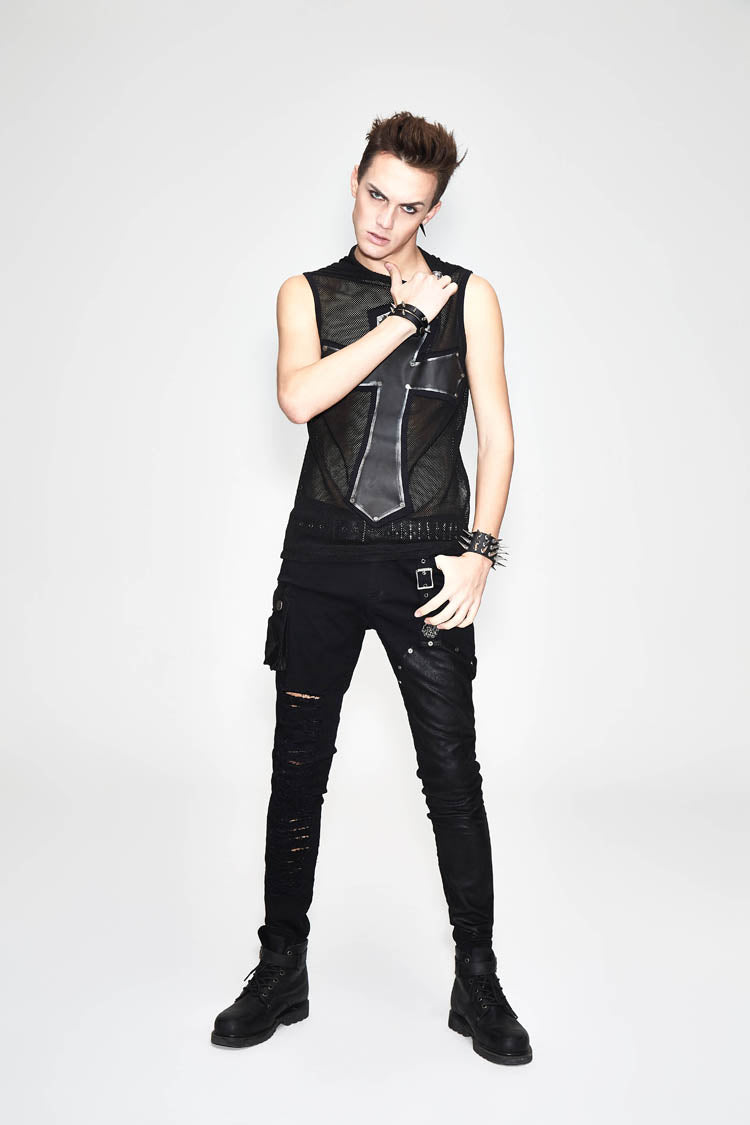 Black Asymmetric Broken Hole Glued Suede Rivet Men's Punk Pants - Product - 4