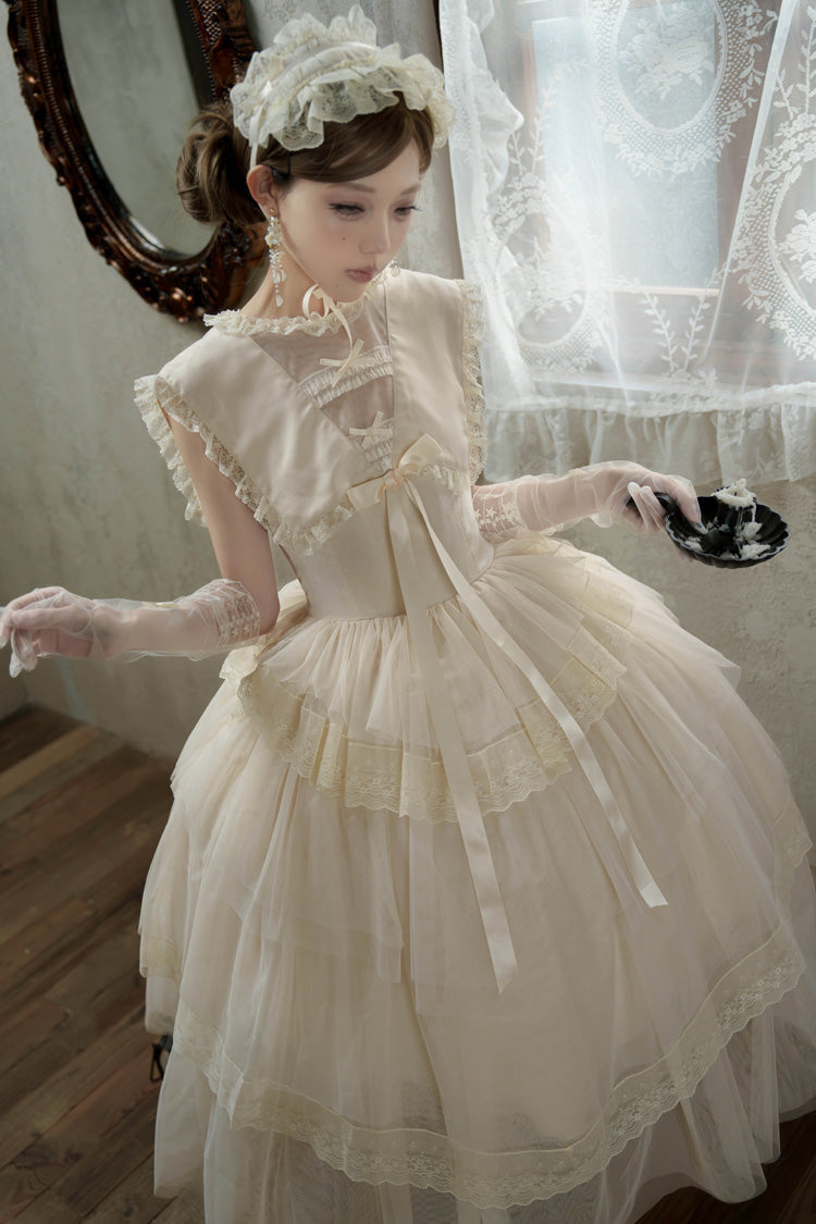 White [Dream by the Pillow] Triple-Layered Ruffled Bow Lace Sweet Elegant Lolita Dress - Product - 6