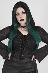 Black Front Chest Lace-Up Flare Sleeve Splice Mesh Plus Size Broken Holes Knit Hooded Women's Punk T-Shirt - Product - 2