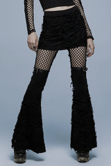 Black Stitching Mesh Ripped Women's Punk Flared Pants - Black - 1
