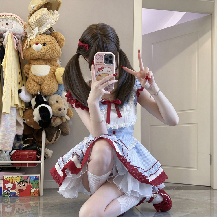 Light Blue and Red Gingham Ruffled Lolita Dress with Lace Trim - view 8