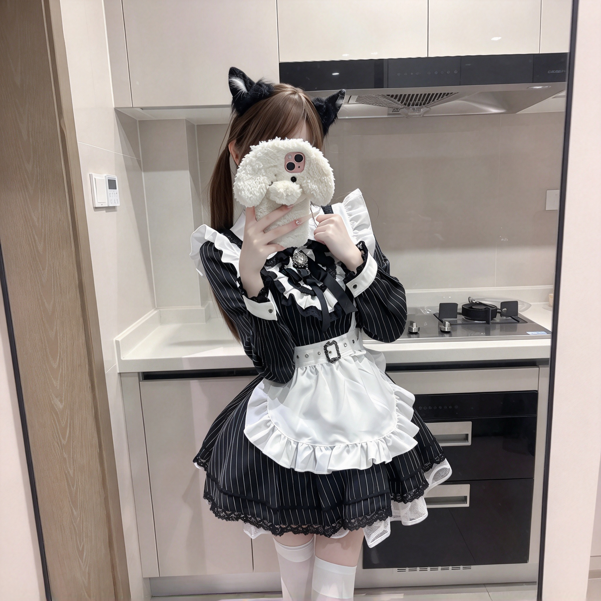 Black Striped Maid Lolita Dress with Apron Bow Accent - view 4