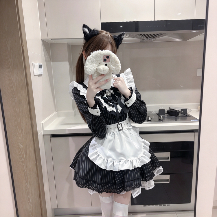 Black Striped Maid Lolita Dress with Apron Bow Accent - view 4