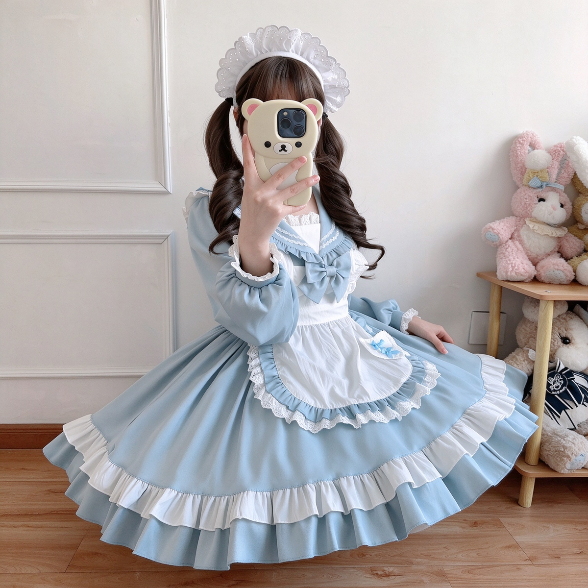 Light Blue Ruffled Sailor Collar Maid Lolita Dress with Apron Bow Accent - view 7