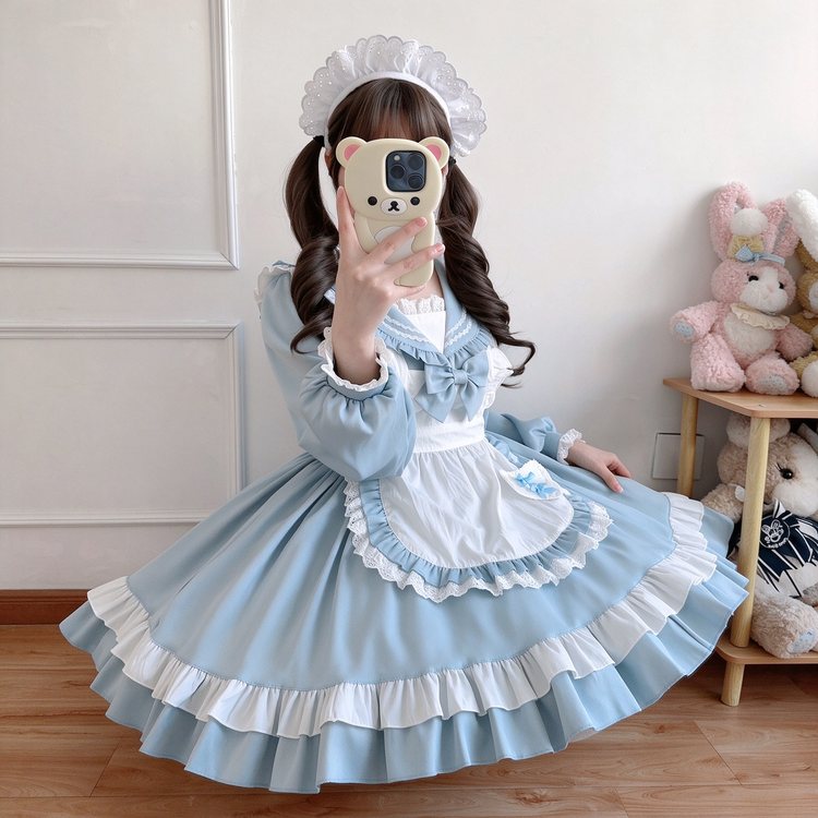 Light Blue Ruffled Sailor Collar Maid Lolita Dress with Apron Bow Accent - view 7