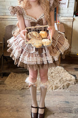 Brown [Coco Ballet] Sleeveless Double-Layered Bow Lace Lace-Up Sweet Princess Ballet Lolita Jsk Dress - Product - 5
