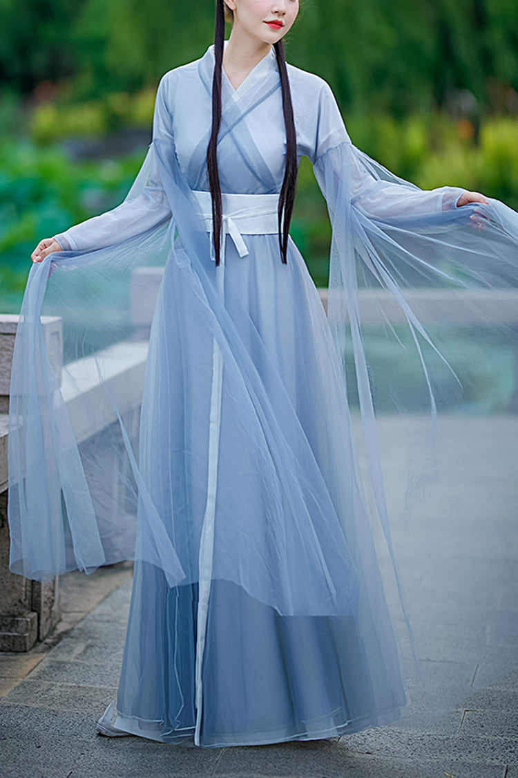 Blue Chinese Style Fairy Airy Sweet Hanfu Dress - Blue - 1