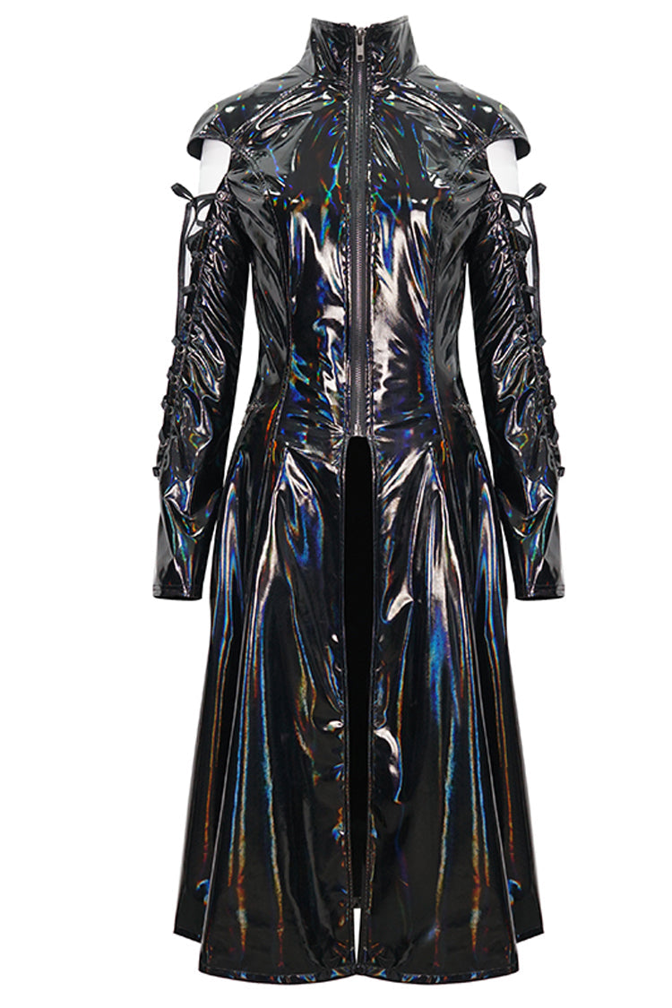 Black Lace Up Mesh Splice Patent Leather Long Women's Punk Coat - Product - 6