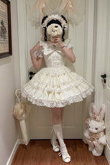 Beige [Sweet Mist Cherry Romance] Sleeveless Multi-Layered Hanayome Bow Lace Lolita Jsk Dress - Product - 2