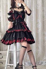 Black/Red Plaid Print Color Contrast Leather Buckle Bowknot Ruffle Gothic Lolita JSK Dress - Product - 7
