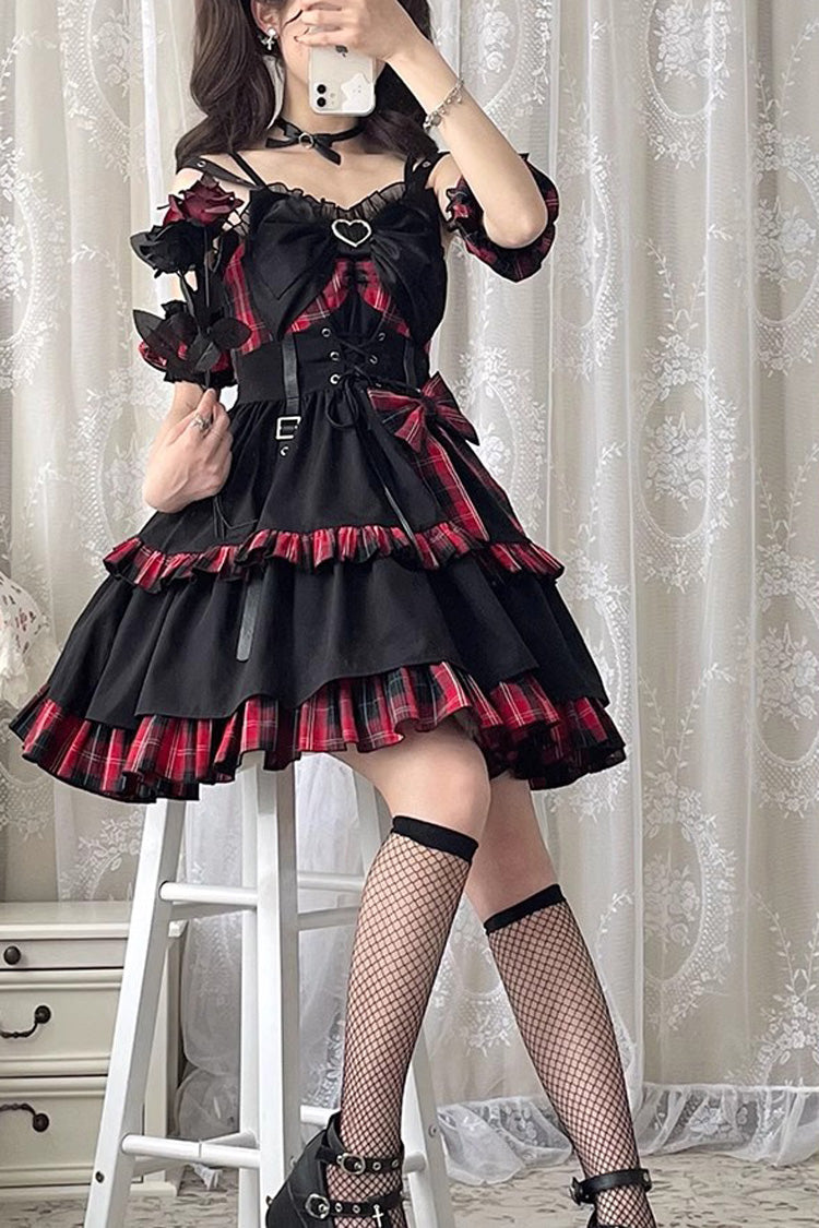 Black/Red Plaid Print Color Contrast Leather Buckle Bowknot Ruffle Gothic Lolita JSK Dress - Product - 7