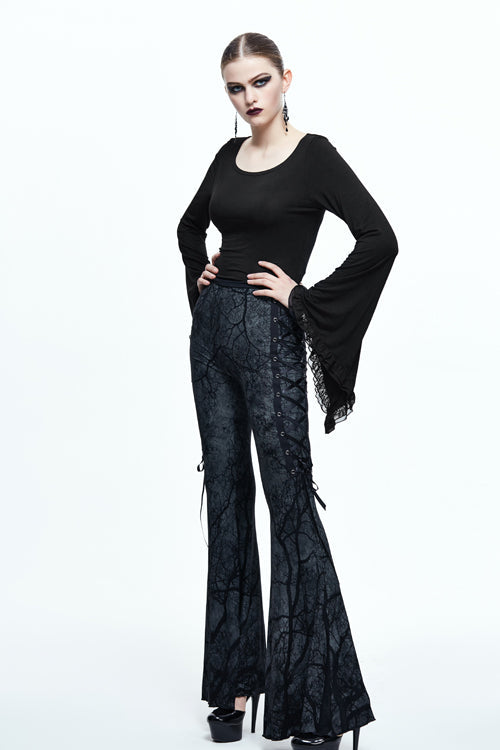 Black Mysterious Forest Gothic Branch Printing Bellbottom Womens Pants - Product - 6