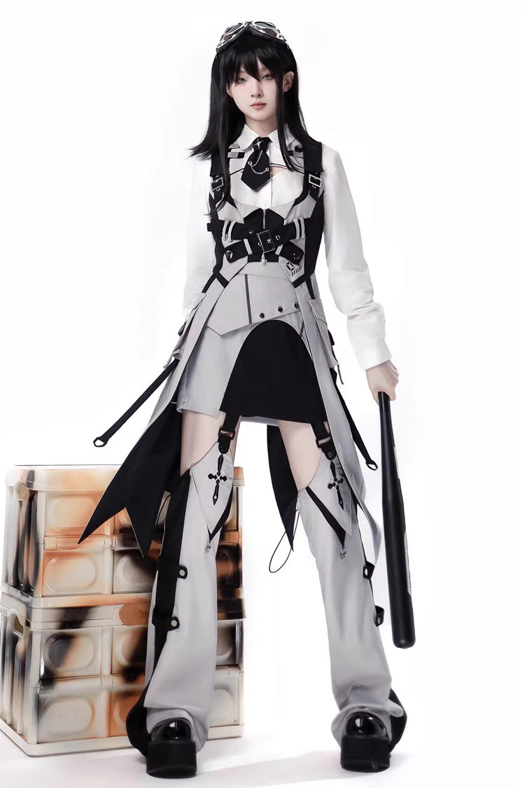Black/White Long Sleeves Color Matching Handsome Sci-fi Lolita Skirt Set - Product - 2