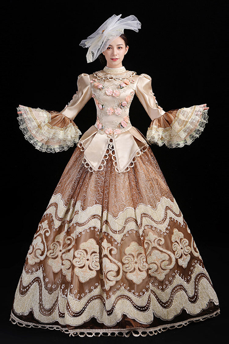 Champagne Multi-Layer Hime Sleeves High Waisted Hollow Embroidery Three-Dimensional Flower Print Victorian Lolita Prom Dress - Product - 2