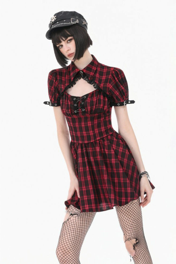 Black/Red Plaid Turn-Down Collar Cut-Out Short Sleeves Lace-Up Women's Punk Retro Mini Dress - Product - 5