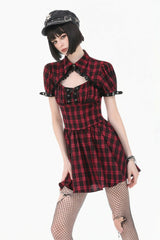 Black/Red Plaid Turn-Down Collar Cut-Out Short Sleeves Lace-Up Women's Punk Retro Mini Dress - Product - 5