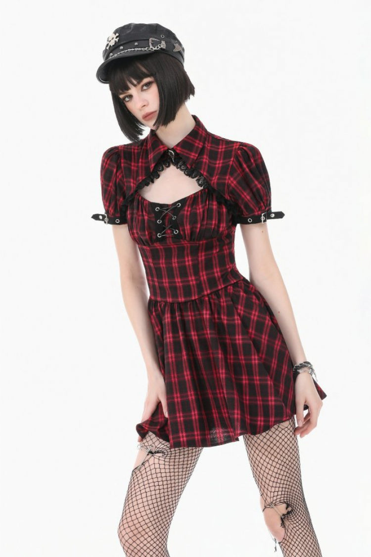 Black/Red Plaid Turn-Down Collar Cut-Out Short Sleeves Lace-Up Women's Punk Retro Mini Dress - Product - 5