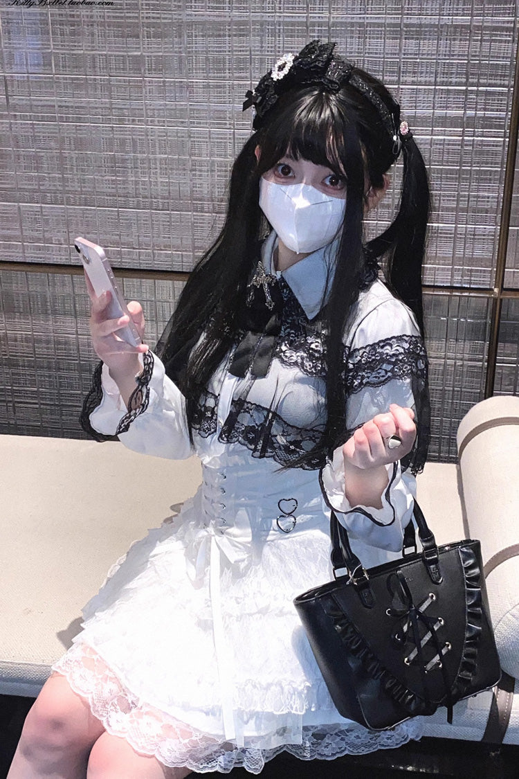 [Rose Palpitations] High Waisted Ruffle Lace Sweet Jirai Kei Skirt 4 Colors - White - 13