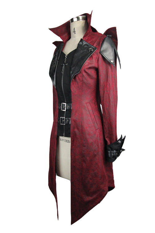 Punk Black And Red Applique Womens Hooded Leather Long Coats - Product - 6