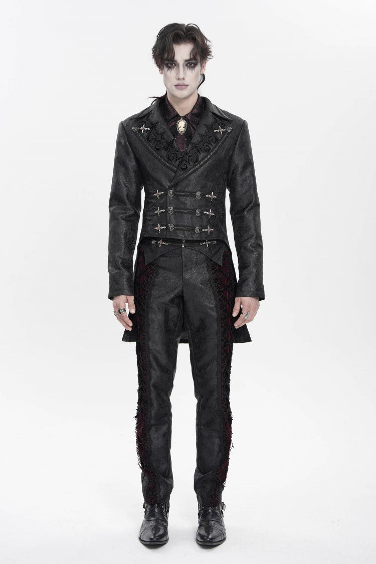 Black Lapel Collar Long Sleeves Lace-Up Slim Men's Gothic Handsome Double-Breasted Jacket - Product - 2