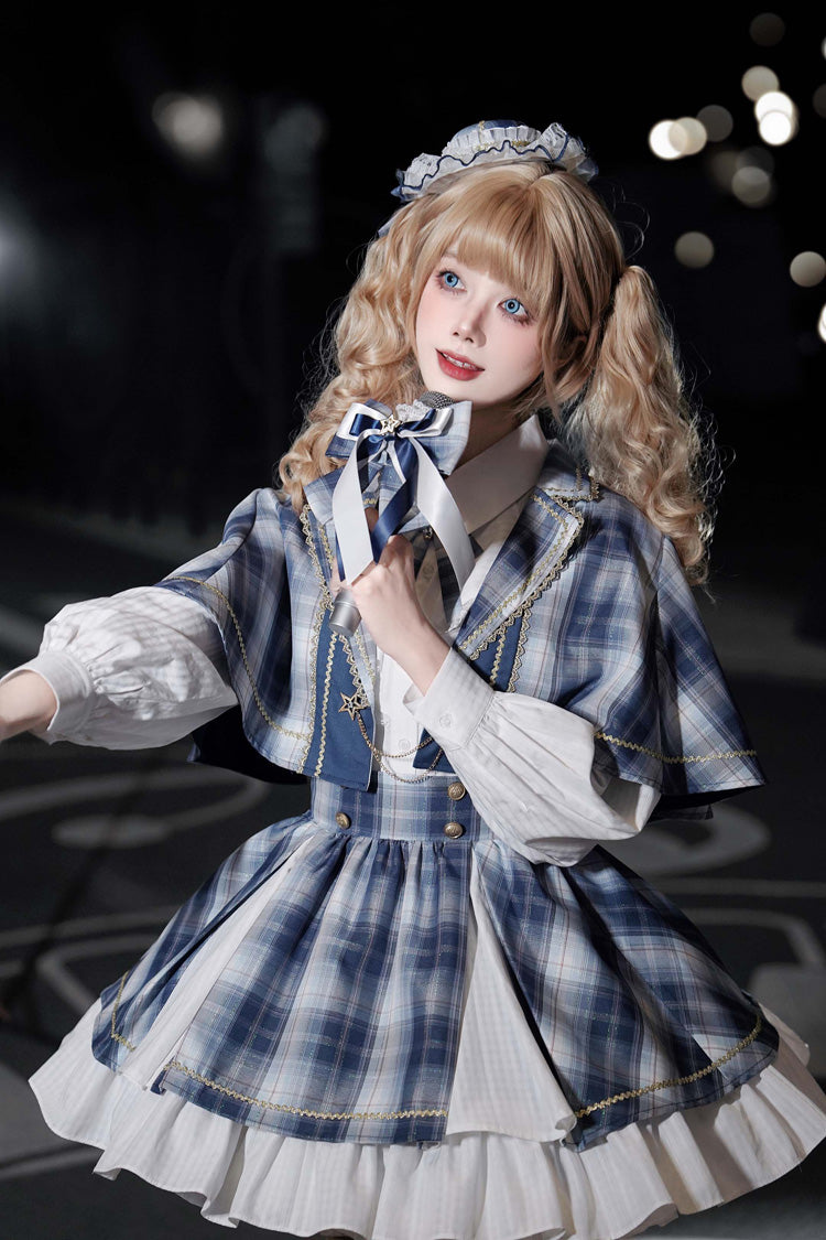 Blue [Little Starlight Idol] Lapel Collar Long Sleeves Double-Layered Printed Ruffled Bow Sweet Japanese Lolita Skirt Set - Product - 18