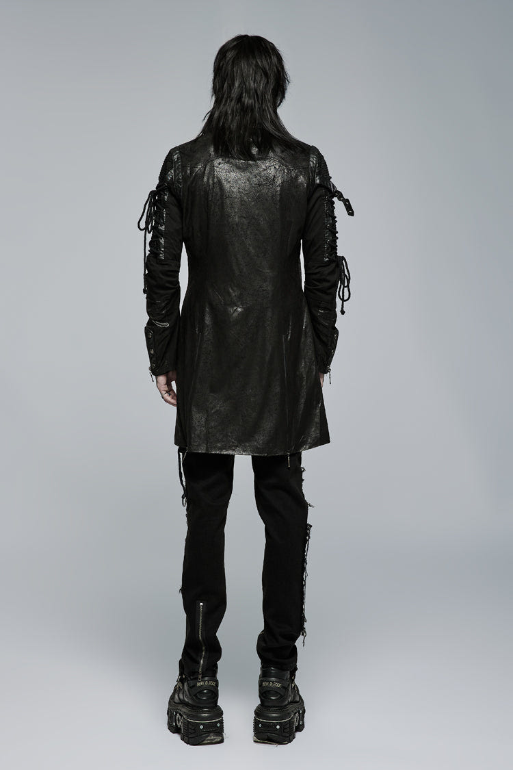 Black Metal Buckle Decoration Zipper Mens Steampunk Windbreaker Coat - Product - 7