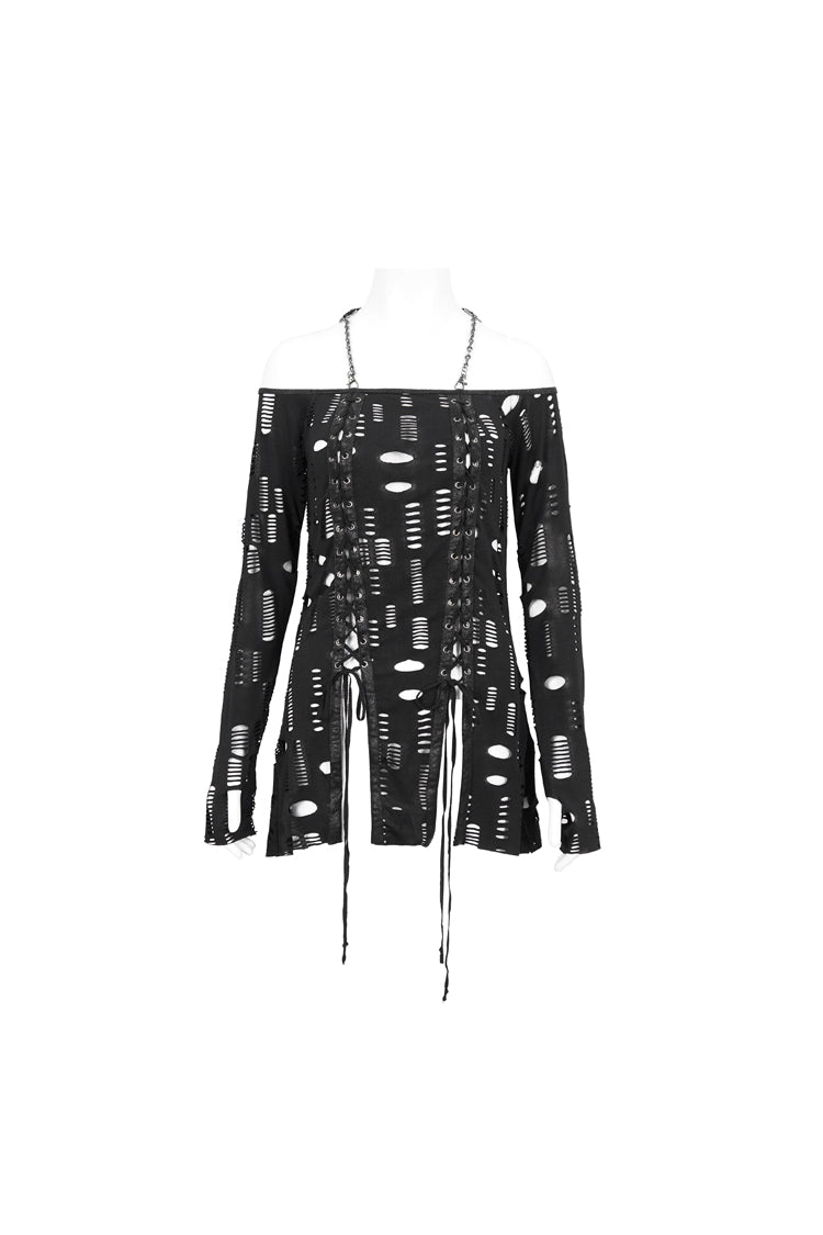 Black Elastic Ripped One Shoulder Rope Style Halter Neck Long Sleeves Women's Gothic T-Shirt - Product - 6