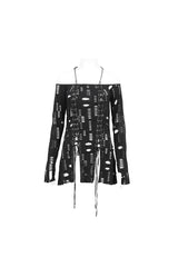 Black Elastic Ripped One Shoulder Rope Style Halter Neck Long Sleeves Women's Gothic T-Shirt - Product - 6