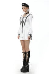 White Lapel Collar Long Sleeves Lace Lace-Up Zippered Women's Asceticism Dark JK Dress - Product - 2