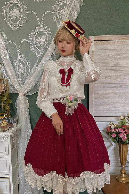 Wine Elegant Vintage Tulip Multi-Layer Ruffled Classic Lolita Skirt Dress - Product - 4