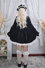 Black [Antique Velvet Doll] Stand Collar Long Sleeves Ruffled Bow Gothic Plus Size Lolita Dress - Product - 12