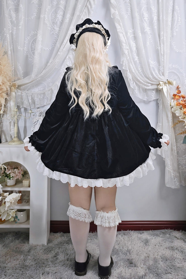 Black [Antique Velvet Doll] Stand Collar Long Sleeves Ruffled Bow Gothic Plus Size Lolita Dress - Product - 12