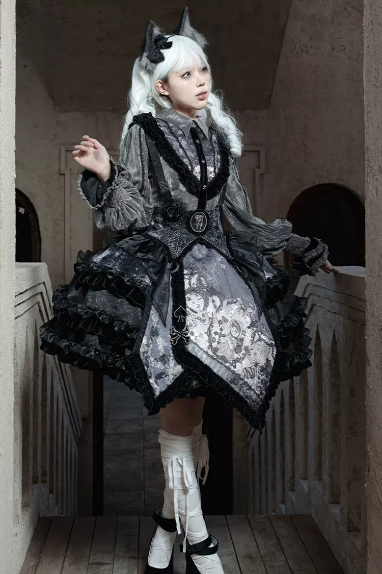 [Werewolf] Fairy Tale Lapel Collar Long Sleeves Printed Ruffled Open-Front Lace Heavy-Detailed Gothic Lolita Skirt Set (Red, Grey, Purple) - Grey - 24