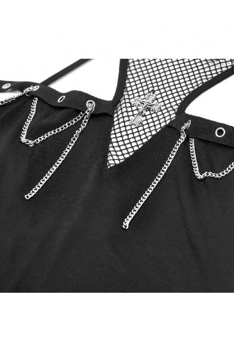 Black Women's Gothic Cross Halterneck Cut-Out Mesh Chain-Decorated Eyelet Tank Top - Product - 12