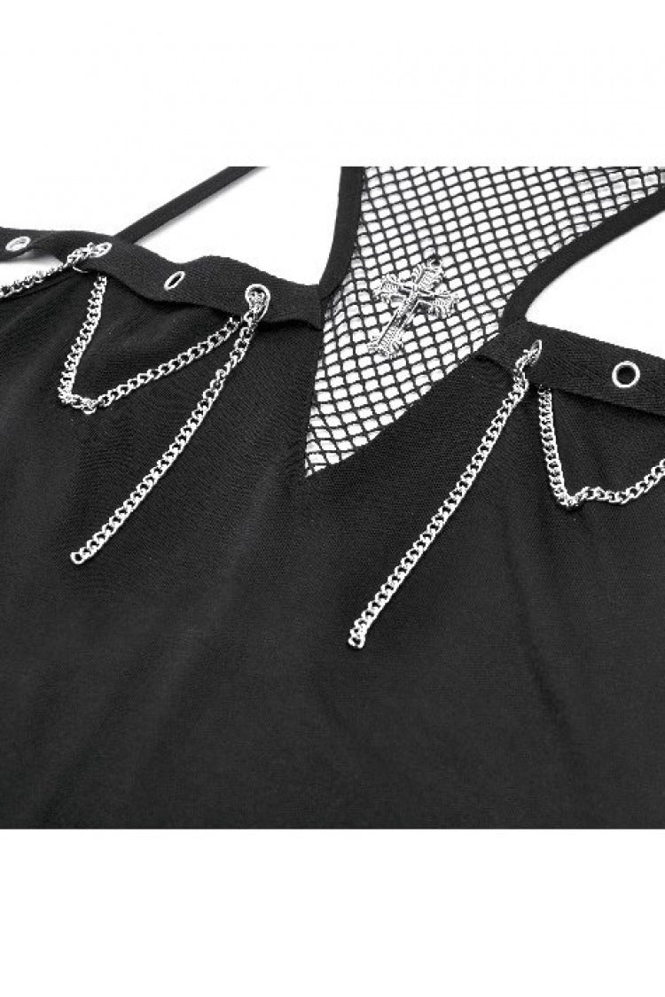 Black Women's Gothic Cross Halterneck Cut-Out Mesh Chain-Decorated Eyelet Tank Top - Product - 12