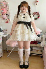 White Doll Collar Short Sleeves Triple-Layered Polka Dots Printed Ruffled Bow Plus Size Princess Sweet Lolita Dress - Product - 5