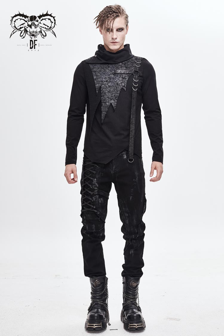 Black Worn Out Cross Shaped Hasp High Collar Asymmetric Hem Men's Punk T-Shirt - Product - 3