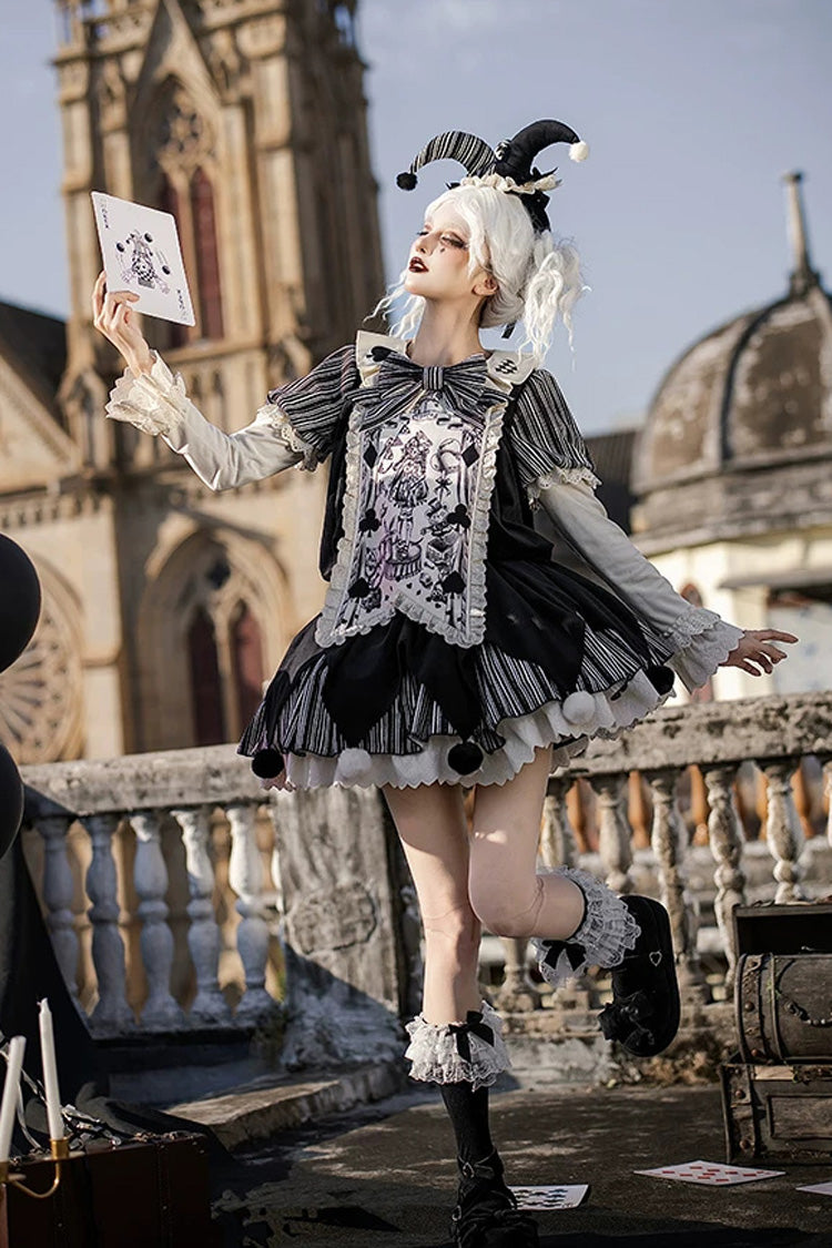 Black [Letters and Poems · Doll Mask] Poker Clown Long Sleeves Ruffled Bow Gothic Lolita Dress Set - Product - 9