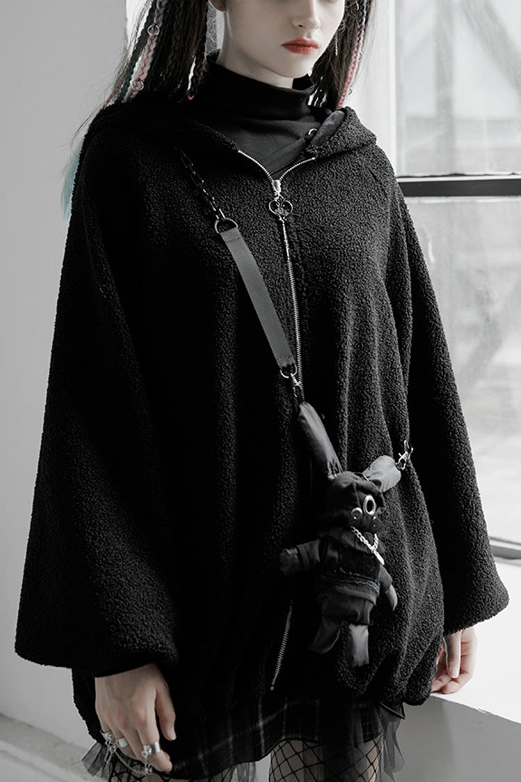 Black Clown Hooded Bunny Doll Backpack Women's Punk Coat - Black - 1