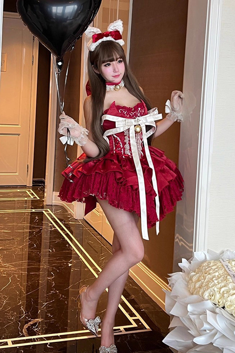 Red [Holiday Lovers] Sleeveless Triple-Layered Ruffle Hollow Bowknot Lace-Up Princess Ballet Sweet Lolita Dress - Product - 10