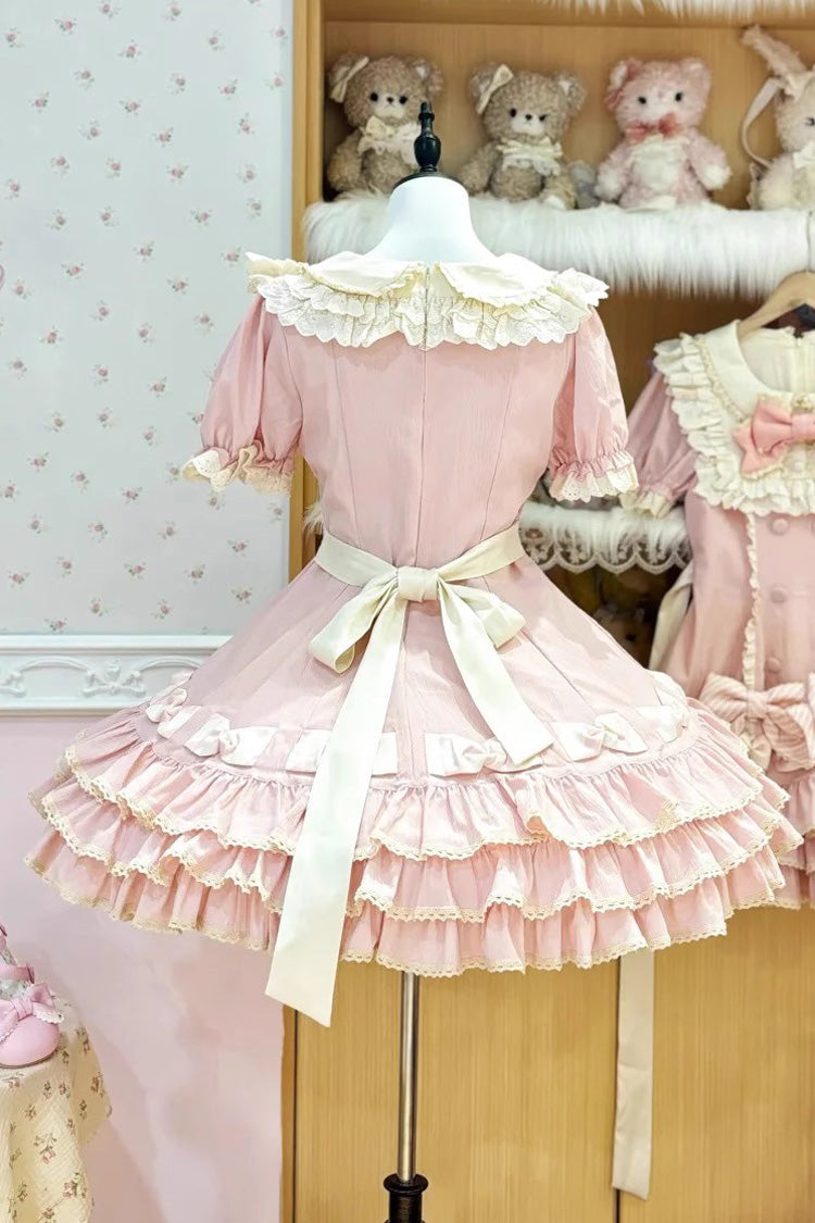 Pink Striped Layered Short Sleeves Multi-Layered Ruffle Bowknot Sweet Princess Tiered (Set) detail view 4