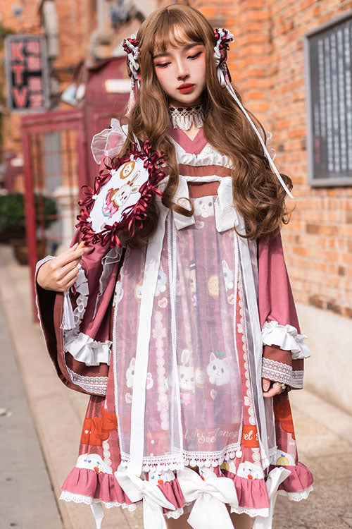 Dark Red Cat Print Chinese Style Bowknot Ruffled High Waisted Long Trumpet Sleeves Sweet Lolita OP Dress - Product - 2